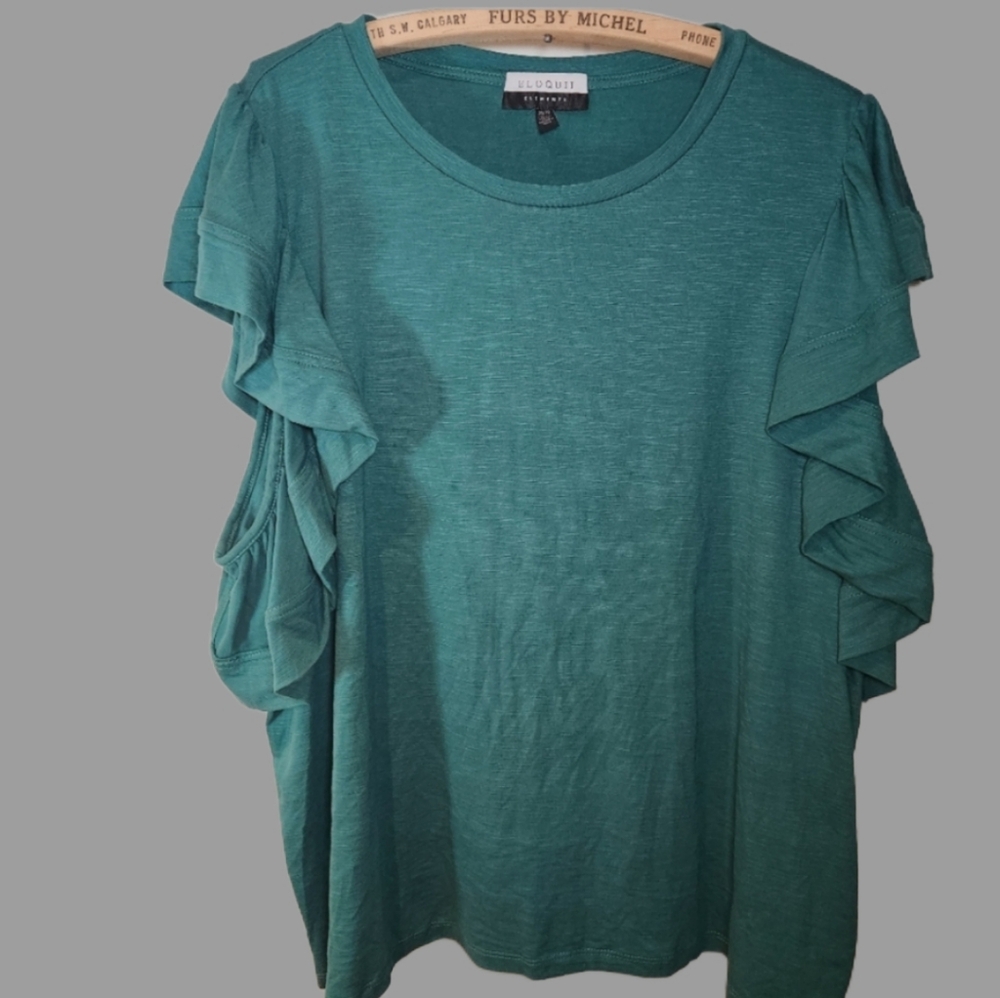 Eloquii 4X 26/28 Green Ruffle Sleeve Top Rayon blend